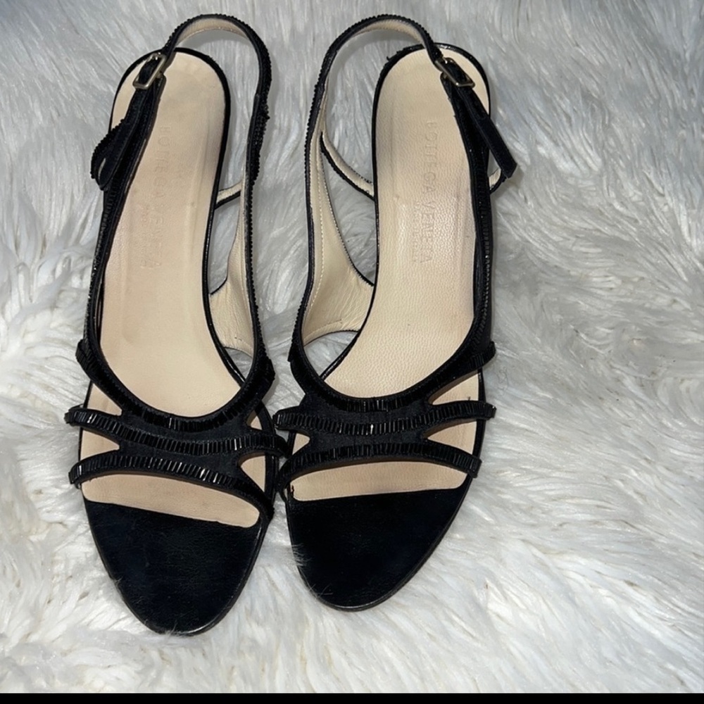 BOTTEGA VENETA Black Satin and Leather Slingback Heels - Picture 3 of 16